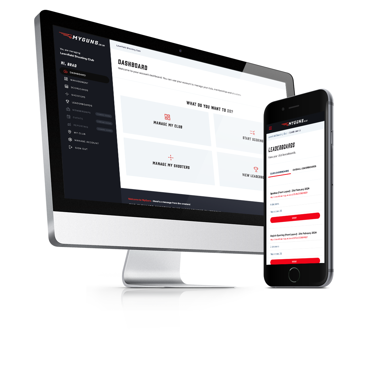 MyGuns club dashboard and leaderboard mockup