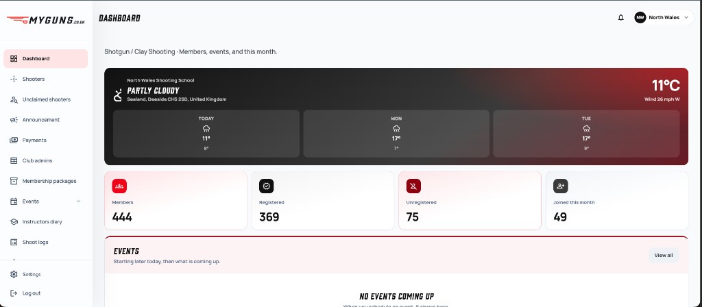 MyGuns club dashboard with members, weather, and events
