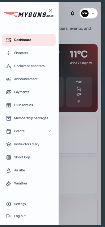 MyGuns menu on iPhone 18 Pro Max: shooters, payments, events, and shoot logs