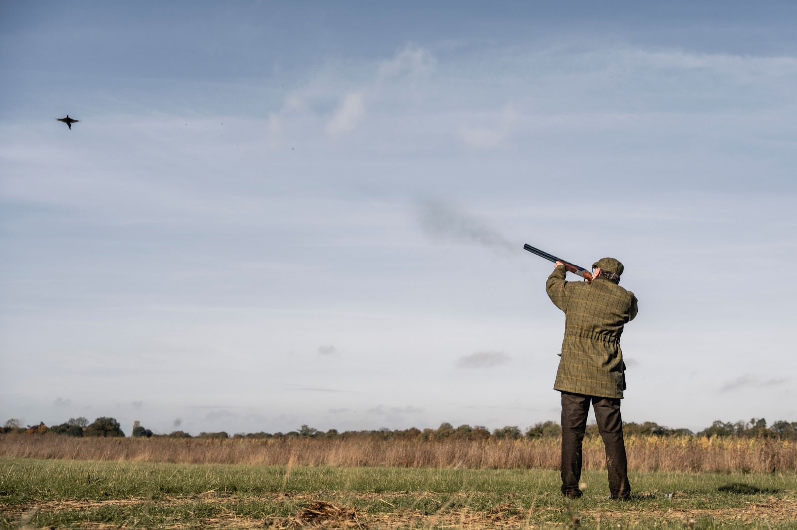 A shooter on open ground, gun mounted, following a bird